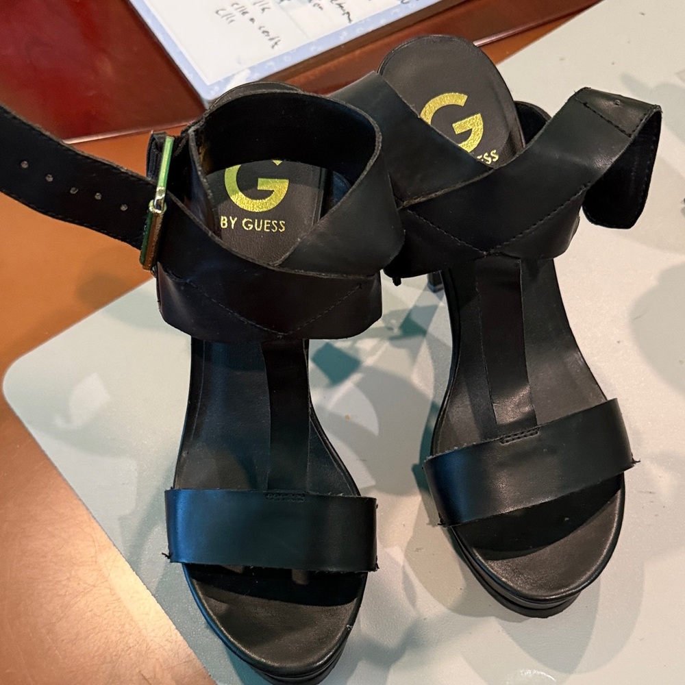 G by Guess Black Strappy Platform Heels with Gold Logo